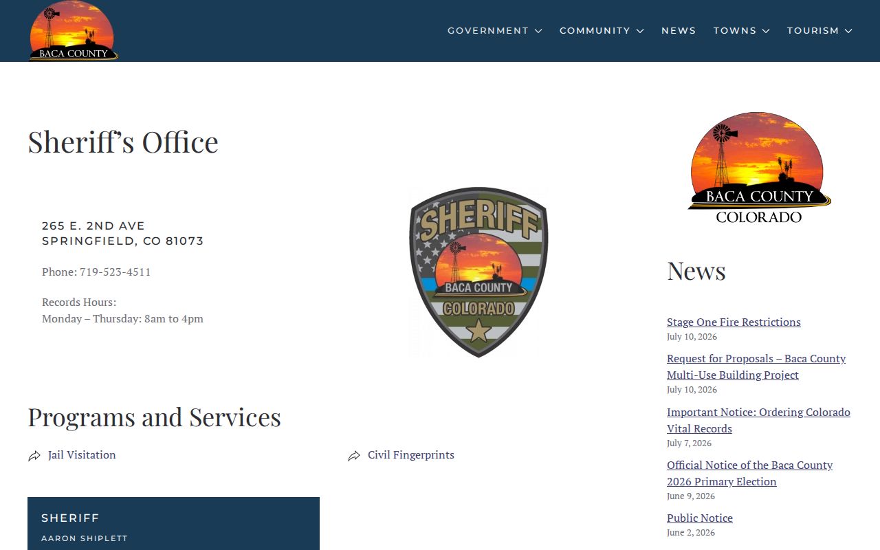 Baca County arrest lookup sheriff records contact