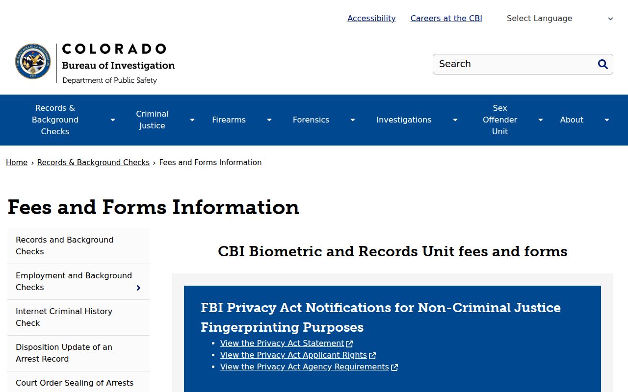 Baca County criminal history CBI fee and form information