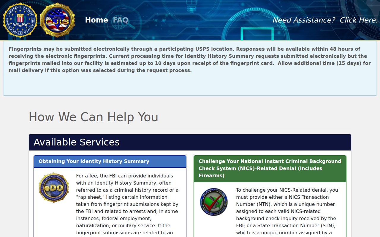 Baca County criminal history FBI identity history portal