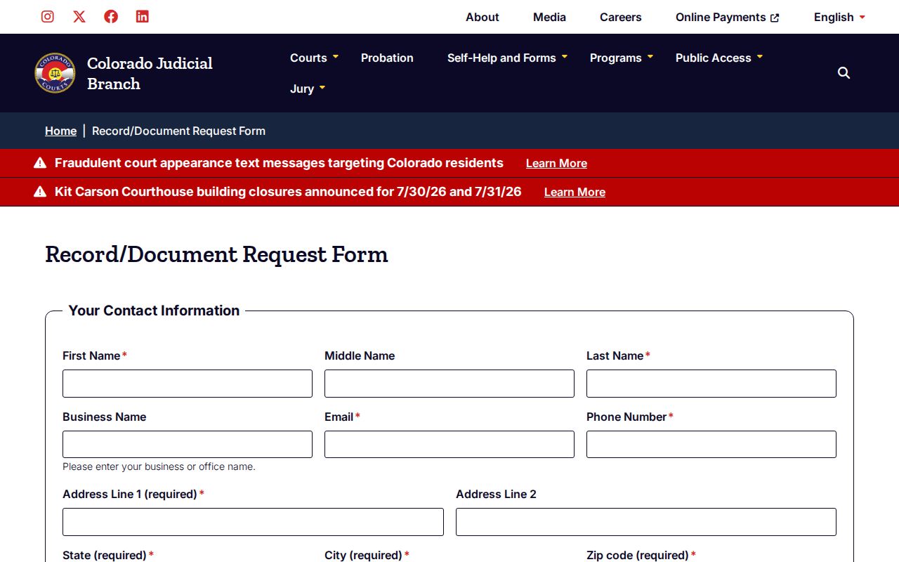 Baca County criminal court cases record request form