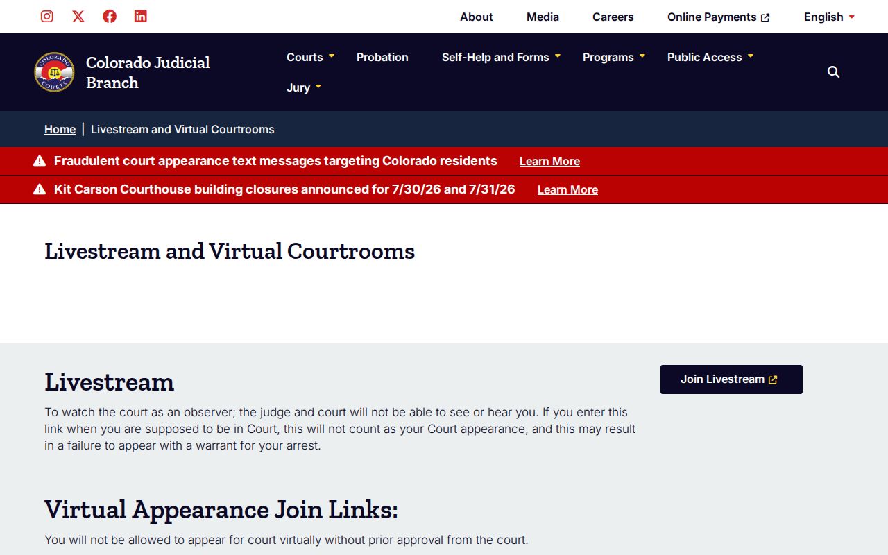 Baca County criminal court cases virtual courtroom access