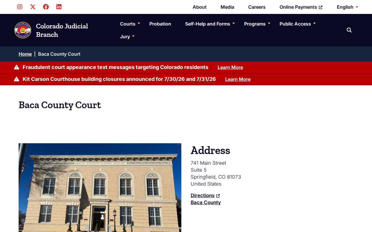 Baca County criminal court cases Combined Court location